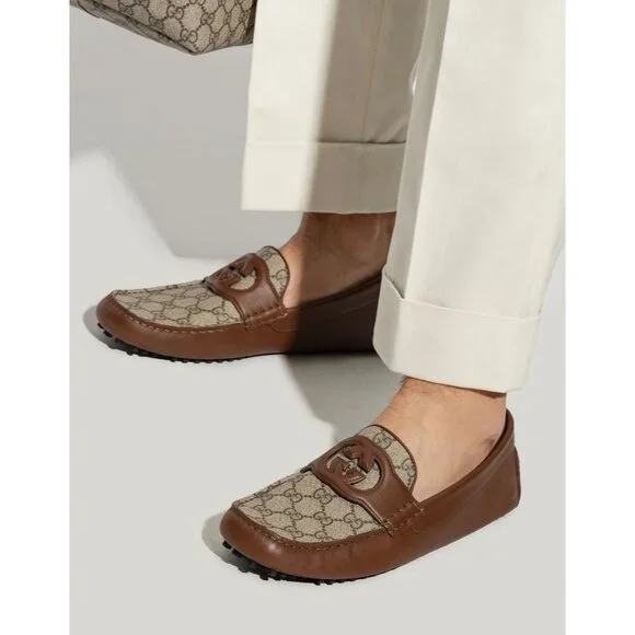 Gucci Men’s Interlocking G Supreme Driver Calfskin Loafers Brown Sugar UK9 73014 - Picture 12 of 12